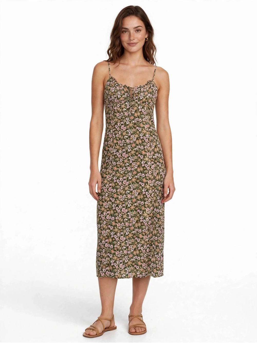 Aeropostale Olive Floral Spaghetti-Strap Midi Dress with Pink Accents